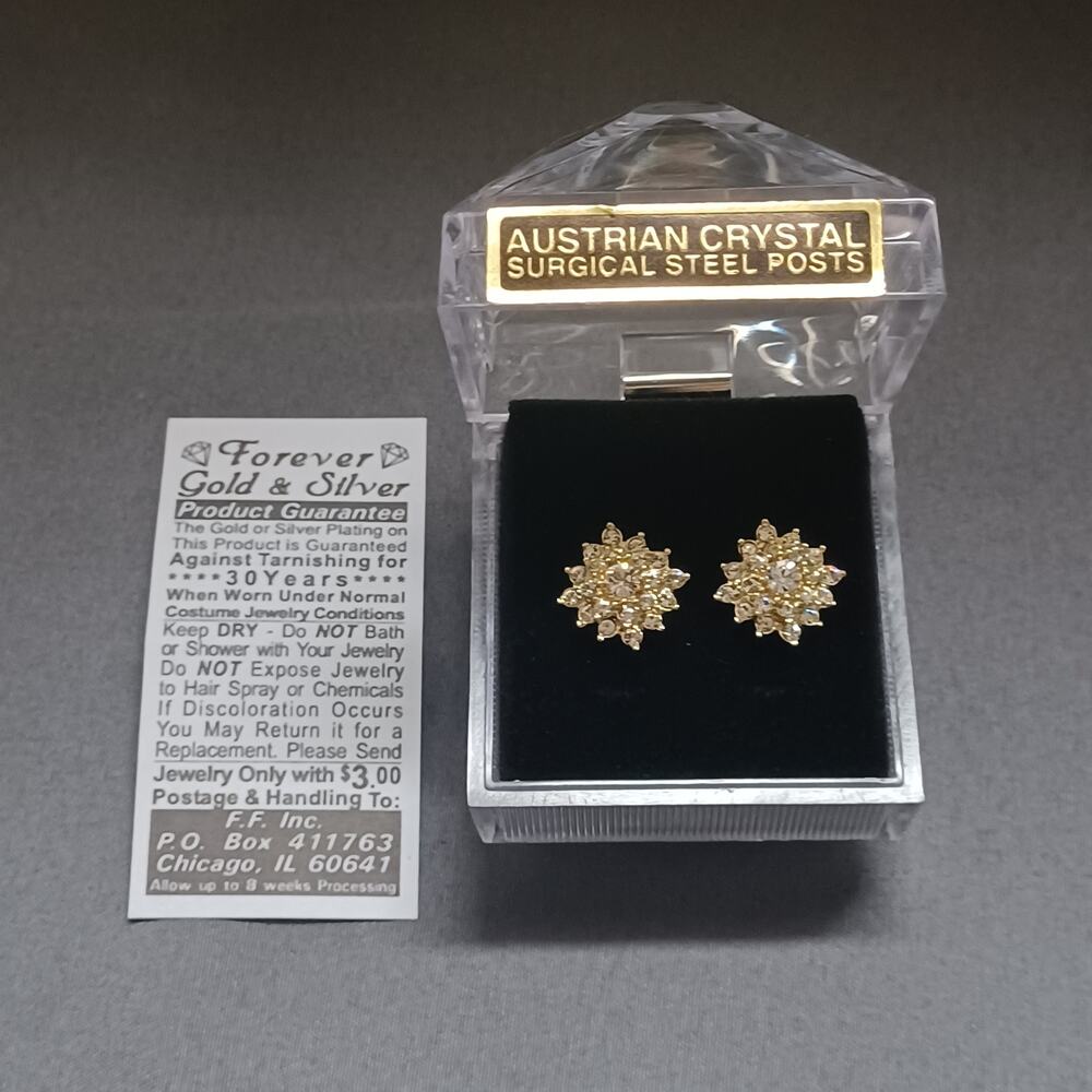 Vtg Austrian Crystal Cluster Stud Earrings Surgical Steel Gold Tone Starburst